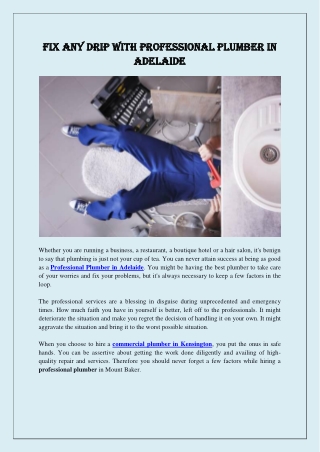 Fix any drip with Professional Plumber in Adelaide