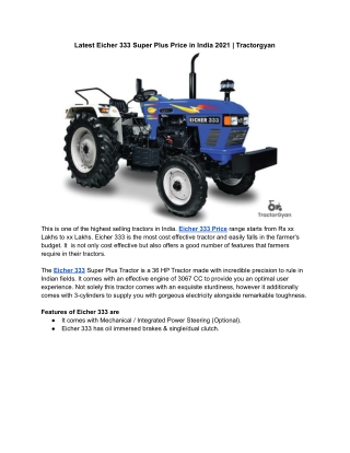Latest Eicher 333 Super Plus Price in India 2021 | Tractorgyan