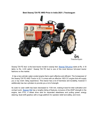 Best Swaraj 724 FE 4WD Price in India 2021 | Tractorgyan