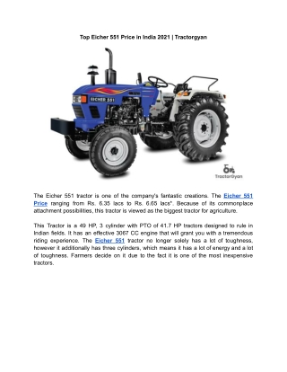Top Eicher 551 Price in India 2021 | Tractorgyan