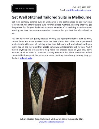 Get Well Stitched Tailored Suits in Melbourne