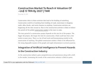 Construction Market To Reach A Valuation Of ~Us$ 13 TRN By 2027