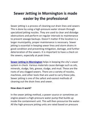 Sewer Jetting in Mornington is made easier by the professional
