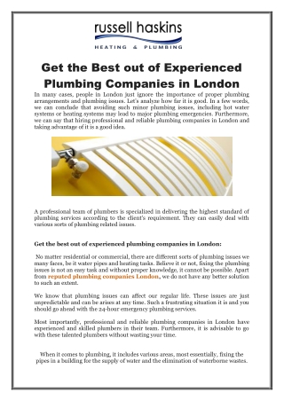 Get the Best out of Experienced Plumbing Companies in London