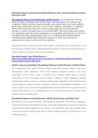 Recombinant Human Growth Hormone (rhGH) Market – Industry Trends and Forecast to 2027