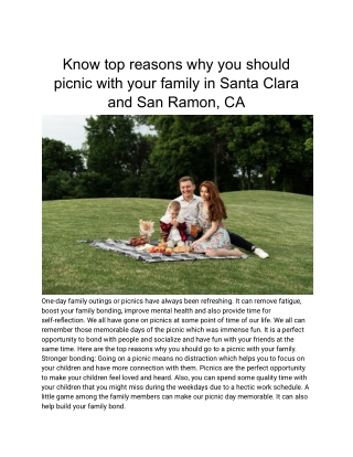 Know top reasons why you should picnic with your family in Santa Clara and San Ramon, CA