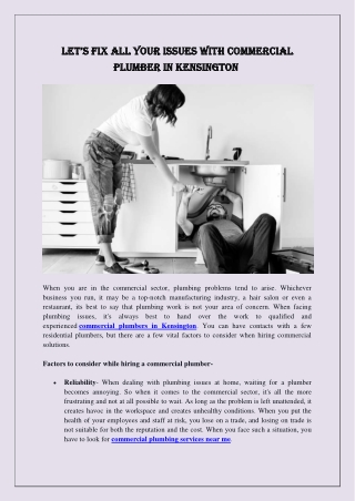 Let’s fix all your issues with Commercial Plumber in Kensington