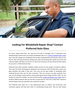 Looking For Windshield Repair Shop Contact Preferred Auto Glass