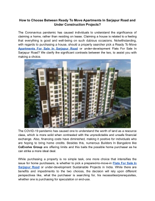 How to Choose Between Ready To Move Apartments In Sarjapur Road and Under Construction Projects