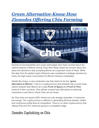 Green Alternative-Know How Zionodes Offering Chia Farming