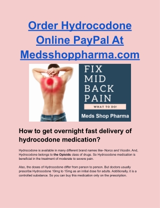 Order Hydrocodone Online PayPal At Medsshoppharma.com