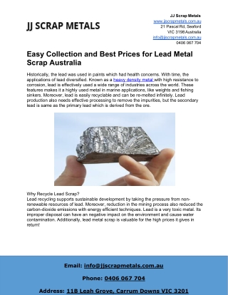 Easy Collection and Best Prices for Lead Metal Scrap Australia