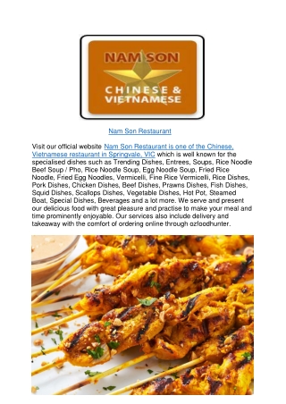 $5 off-Nam Son Chinese, Vietnamese Restaurant Springvale,VIC