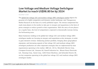 Low Voltage and Medium Voltage Switchgear Market to reach US$98.80 bn by 2024