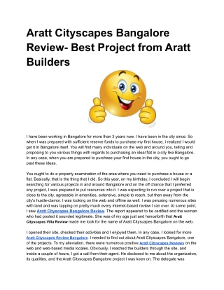 Aratt Cityscapes Bangalore Review- Best Project from Aratt Builders