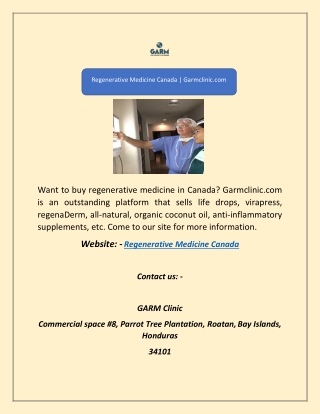 Regenerative Medicine Canada | Garmclinic.com