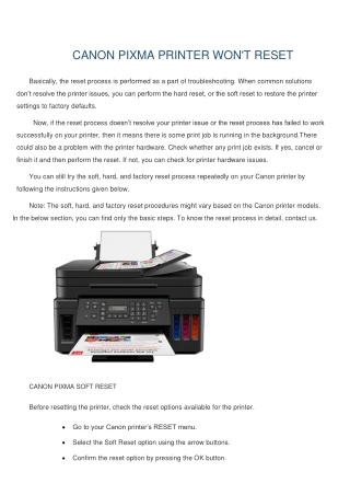 CANON PIXMA PRINTER WON'T RESET