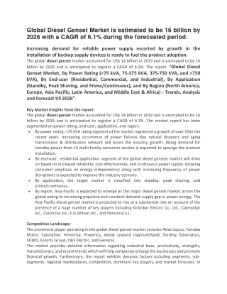 Global Diesel Genset Market is estimated to be 16 billion by 2026 with a CAGR of 6