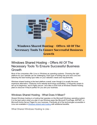 Windows Shared Hosting - Offers All Of The Necessary Tools To Ensure Successful Business Growth