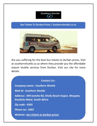 Bus Tickets To Durban Prices | Southernshuttle.co.za