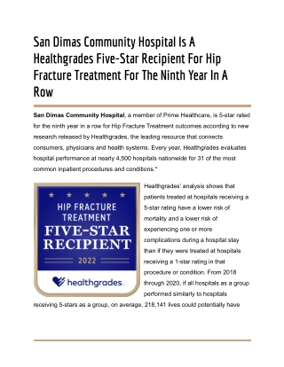 San Dimas Community Hospital Is A Healthgrades Five-Star Recipient For Hip Fracture Treatment