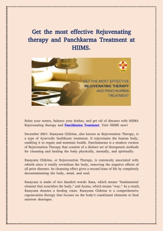 Get the most effective Rejuvenating therapy and Panchkarma Treatment