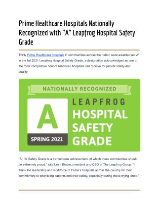 Prime Healthcare Hospitals Nationally Recognized with "A" Leapfrog Hospital Safe