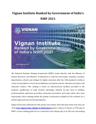 Vignan institute ranked by NIRF 2021