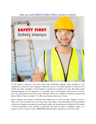 Why Need Safety Officer Course in Lahore