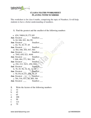 CLASS 6 MATHS WORKSHEET - PLAYING WITH NUMBERS