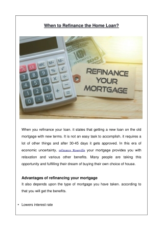 When to Refinance the Home Loan?