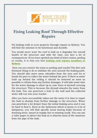 Fixing Leaking Roof Through Effective Repairs
