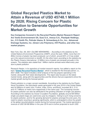 Global Recycled Plastics Market Is Growing With a CAGR of 4.5% | Market Boost