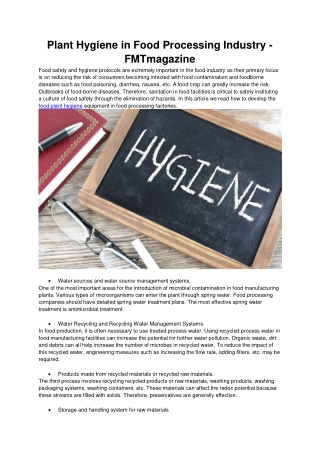 Plant Hygiene in Food Processing Industry - FMTmagazine