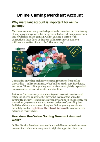 Online Gaming Merchant account - HighRisk Gateways