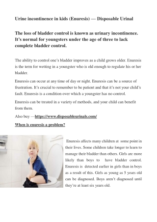 Urine incontinence in kids (Enuresis) — Disposable Urinal