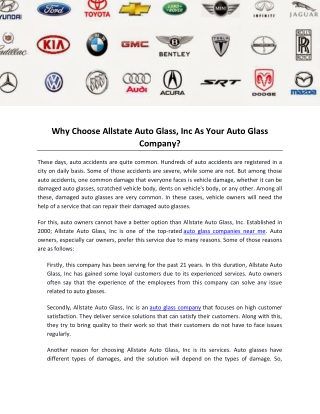 Why Choose Allstate Auto Glass, Inc As Your Auto Glass Company