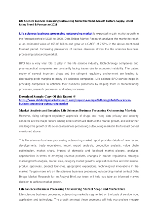 Life Sciences Business Processing Outsourcing Market Demand, Growth Factors, Supply, Latest Rising Trend & Forecast to 2