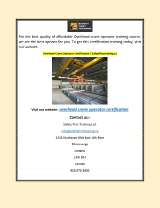 Overhead Crane Operator Certification | Safetyfirsttraining.ca