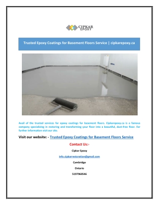 Trusted Epoxy Coatings for Basement Floors Service | cipkarepoxy.ca