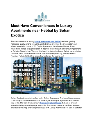 Must Have Conveniences in Luxury Apartments near Hebbal by Sohan Exotica