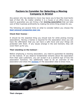 Factors to Consider for Selecting a Moving Company in Bristol