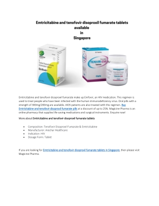 Emtricitabine and tenofovir disoproxil fumarate tablets available in Singapore