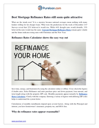Best Mortgage Refinance Rates still seem quite attractive - Pureloan.com