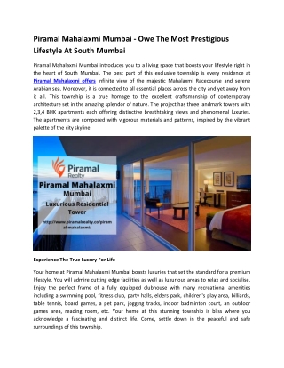 Piramal Mahalaxmi Mumbai - Owe The Most Prestigious Lifestyle At South Mumbai