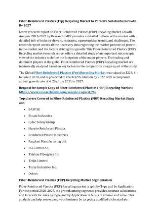 Fiber-Reinforced Plastics (FRP) Recycling Market Present Scenario, Growth 2026