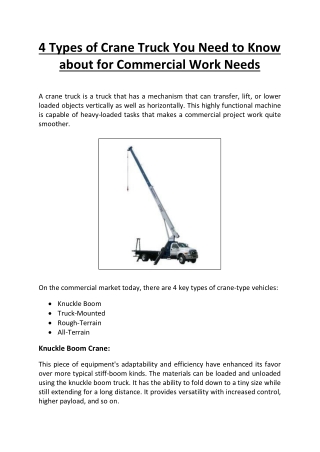 4 Types of Crane Truck You Need to Know about for Commercial Work Needs