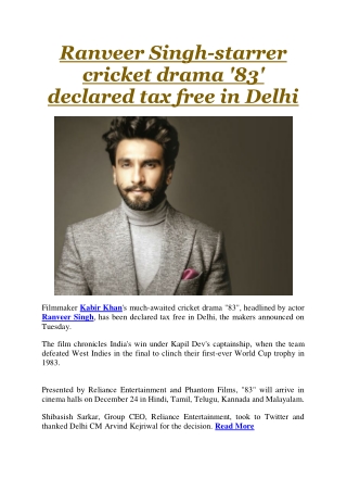 Ranveer Singh-starrer cricket drama '83' declared tax free in Delhi