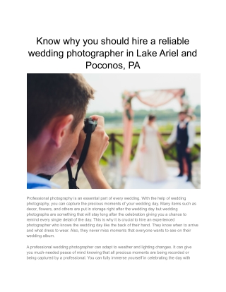 Know why you should hire a reliable wedding photographer in Lake Ariel and Poconos, PA