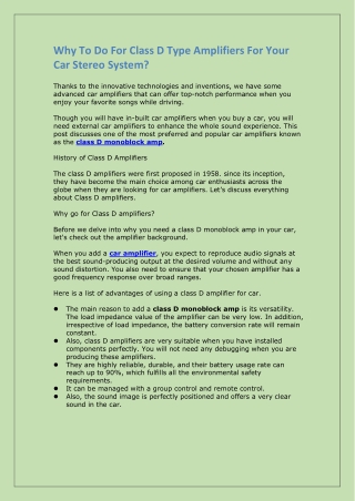 Why To Do For Class D Type Amplifiers For Your Car Stereo System.docx